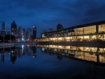 Reflection of illuminated buildings in water