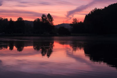 Scenic view of lake against orange sky