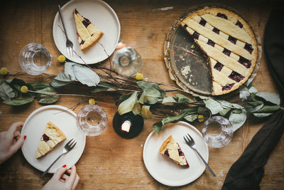 High angle view of food served on table