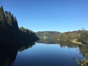 Scenic view of lake against clear blue sky