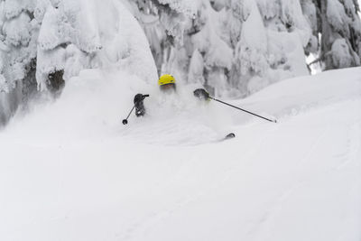 People skiing on snowcapped mountain