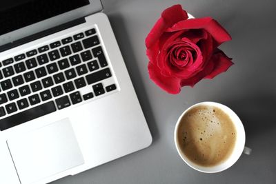 High angle view of coffee cup on table