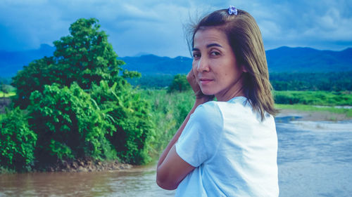 Rice field river mountain