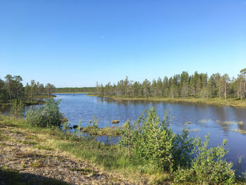 Scenic view of lake against clear blue sky