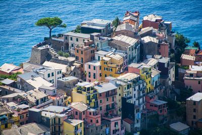 High angle view of buildings in sea