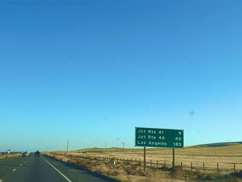 Road sign against clear blue sky