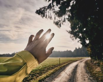 Close-up of hand gesturing against sky