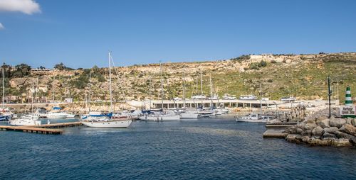 Sailboats moored in harbor against clear blue sky