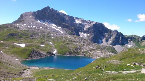 Scenic view of lake and mountains against sky