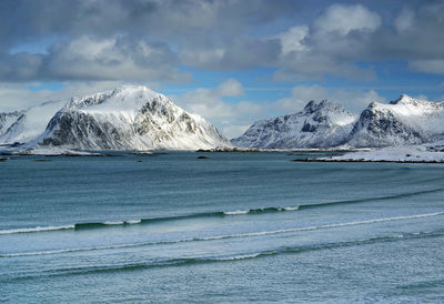 Scenic view of sea and snowcapped mountains against sky