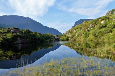 Scenic view of lake and mountains against sky