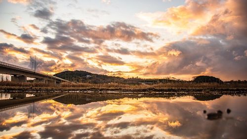 Scenic view of river against cloudy sky