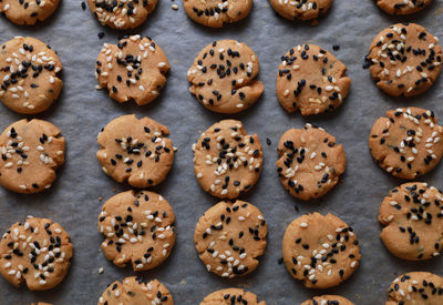 High angle view of sesame seeds cookies