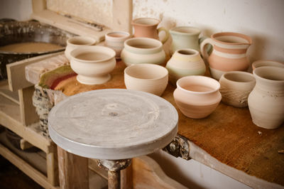 An empty circle, where the potter molds product close-up. creative studio potter. workplace wizard 
