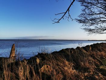 Scenic view of sea against clear blue sky