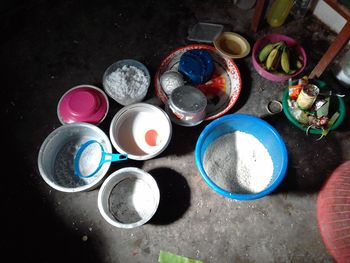 High angle view of various eggs on table