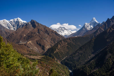 Scenic view of snowcapped mountains against blue sky