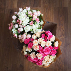 High angle view of rose bouquet on table