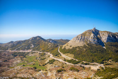 Scenic view of mountains against clear blue sky