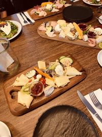 High angle view of food served on table