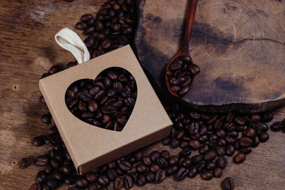 High angle view of coffee beans on table