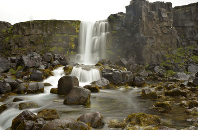 Scenic view of waterfall against clear sky