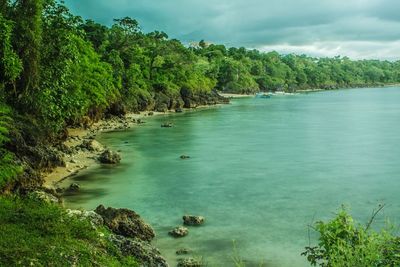 Scenic view of bay against sky