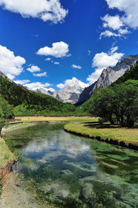 Scenic view of lake and mountains against sky