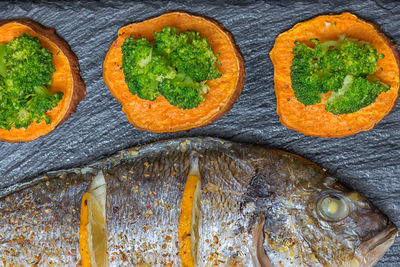 High angle view of fish on table