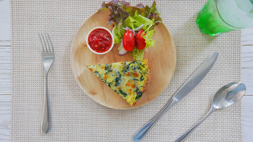 High angle view of breakfast served on table