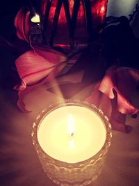 High angle view of illuminated lamp on table