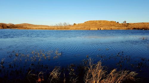 Scenic view of lake against clear sky