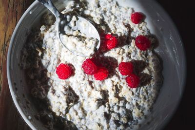 High angle view of strawberries in bowl