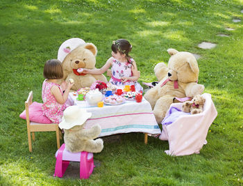 Rear view of women sitting on grass with toy