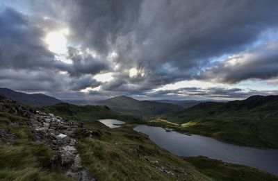 Scenic view of mountains against cloudy sky