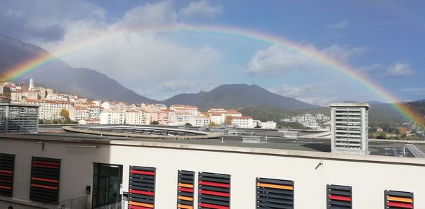 Rainbow over buildings in city against sky