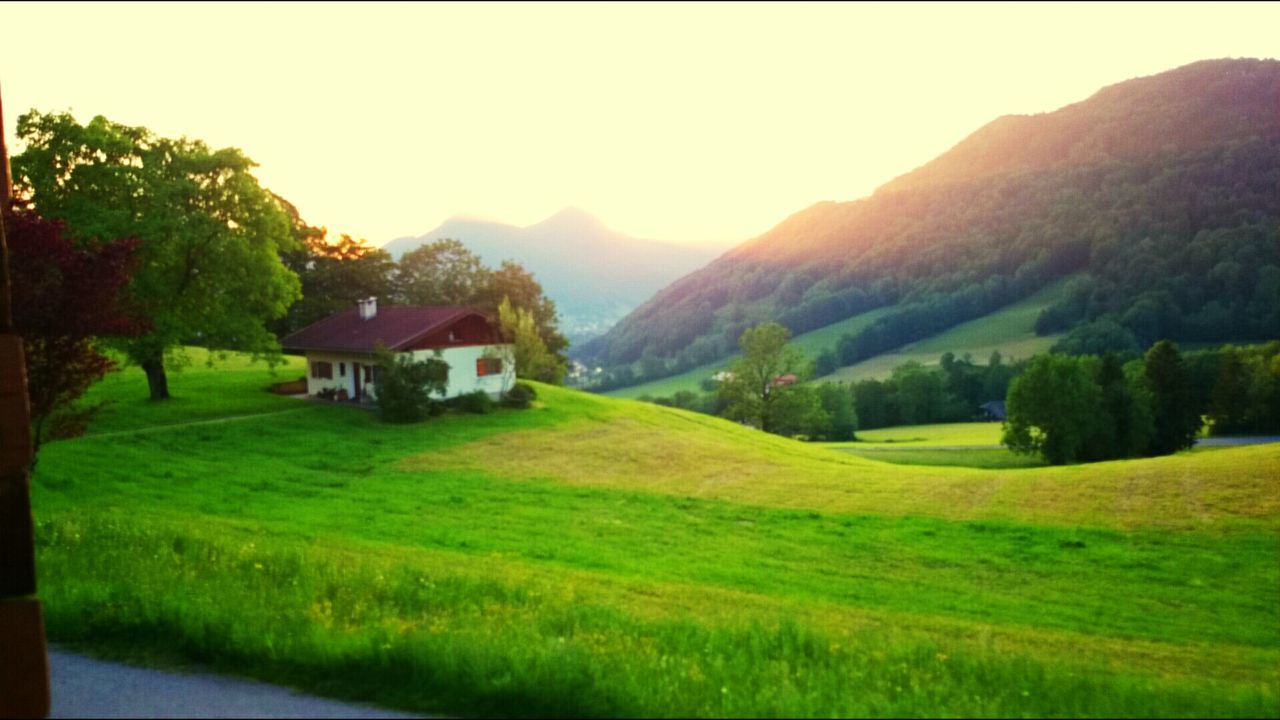 mountain, house, building exterior, built structure, architecture, grass, landscape, tree, tranquil scene, green color, tranquility, field, scenics, clear sky, beauty in nature, mountain range, nature, rural scene, hill, sky