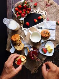 High angle view of breakfast on table