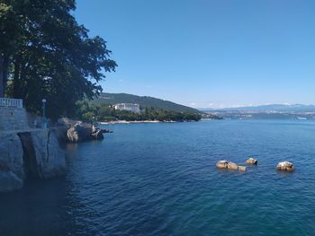 Scenic view of sea against clear blue sky