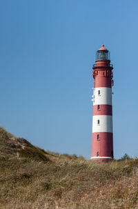 Lighthouse on landscape against clear blue sky