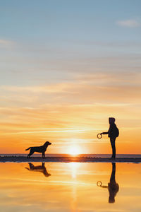 Silhouette of a man and a dog on the sea against the sunset. play with your pet in nature and relax
