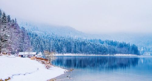 Scenic view of lake with mountains in background