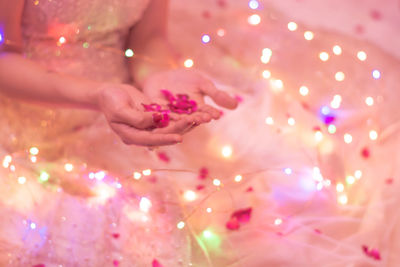 Midsection of bride with illuminated string lights holding flowers