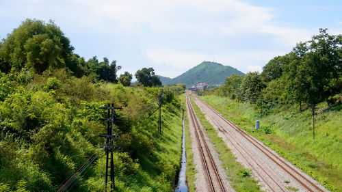 High angle view of railroad track against sky