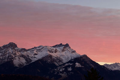 Scenic view of snowcapped mountains against sky during sunset