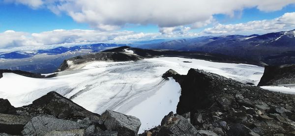 Aerial view of snowcapped mountains against sky