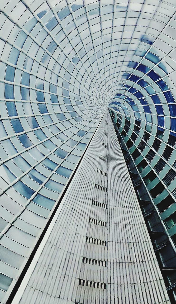 architecture, built structure, skyscraper, pattern, building exterior, city, office building exterior, futuristic, no people, glass, building, line, low angle view, geometric shape, shape, office, day, ceiling, outdoors, diminishing perspective, abstract, daylighting, vanishing point, tower, backgrounds, architectural feature, facade, reflection