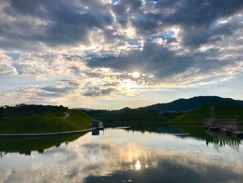 Scenic view of lake against sky during sunset