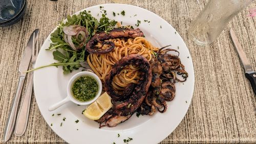 High angle view of food in plate on table