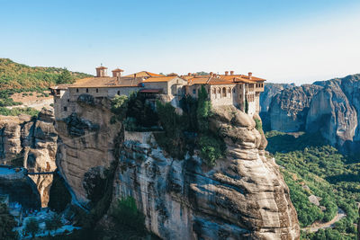 Panorama of meteora orthodox churches on the tops of rocks, monasteries on height